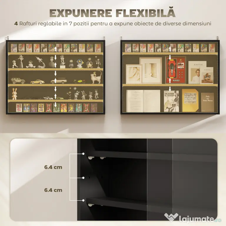 HOMCOM Dulap Tip Vitrină de Expoziție cu Rafturi Reglabile, Montată pe Perete, Negru | Aosom Romania