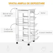 HOMCOM Cărucior de Bucătărie Alb, Dulap Depozitare, 1 Sertar, 2 Etajere, 4 Coșuri Detașabile, 47x37x83cm | Aosom Romania