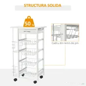 HOMCOM Cărucior de Bucătărie Alb, Dulap Depozitare, 1 Sertar, 2 Etajere, 4 Coșuri Detașabile, 47x37x83cm | Aosom Romania