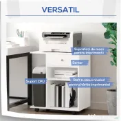 Vinsetto Dulap pentru Imprimantă din Lemn cu 4 Roți, Raft Reglabil și Suport pentru CPU, Alb