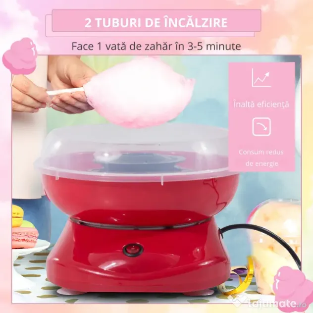 HOMCOM Aparat pentru Vată de Zahăr 450W din PP, Inox și Aluminiu 27x26x18 Roșu