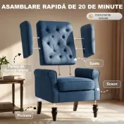 HOMCOM Fotoliu pentru Living în Stil Francez cu Șezut Confortabil și Perne, Catifea, 74x86x102 cm, Albastru
