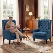 HOMCOM Fotoliu pentru Living în Stil Francez cu Șezut Confortabil și Perne, Catifea, 74x86x102 cm, Albastru