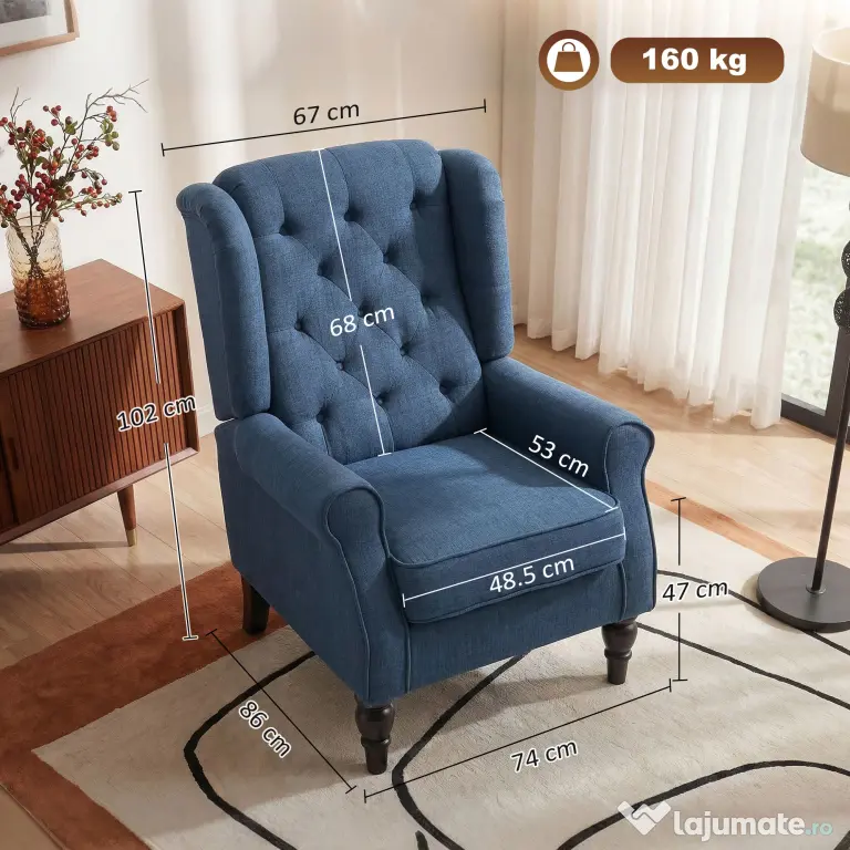 HOMCOM Scaun Decorativ Capitonat cu Spatar Inalt, Cotiere Rotunjite Captusite și Sezut cu Captuseala Groasa, Albastru | Aosom Romania