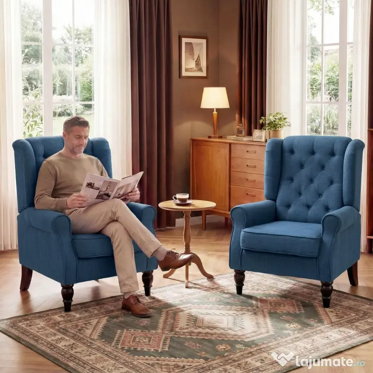 HOMCOM Scaun Decorativ Capitonat cu Spatar Inalt, Cotiere Rotunjite Captusite și Sezut cu Captuseala Groasa, Albastru | Aosom Romania