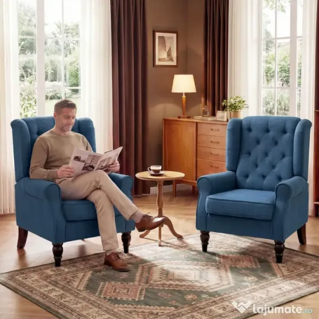 HOMCOM Scaun Decorativ Capitonat cu Spatar Inalt, Cotiere Rotunjite Captusite și Sezut cu Captuseala Groasa, Albastru | Aosom Romania
