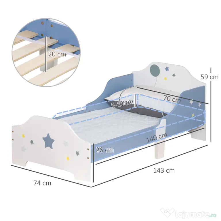 HOMCOM Pat Copii cu Protecții Laterale Siguranță, pentru +3 Ani, 143x74x59cm | Aosom Romania
