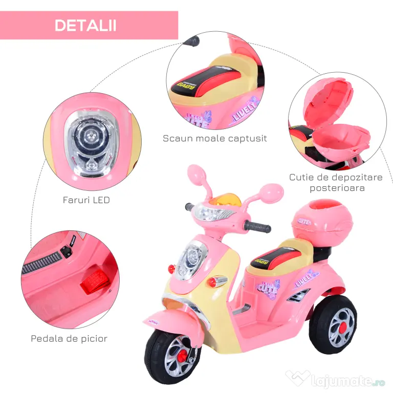 HOMCOM motocicleta electrica copii, tricicleta electrică roz, cu lumini, 6V | Aosom Romania