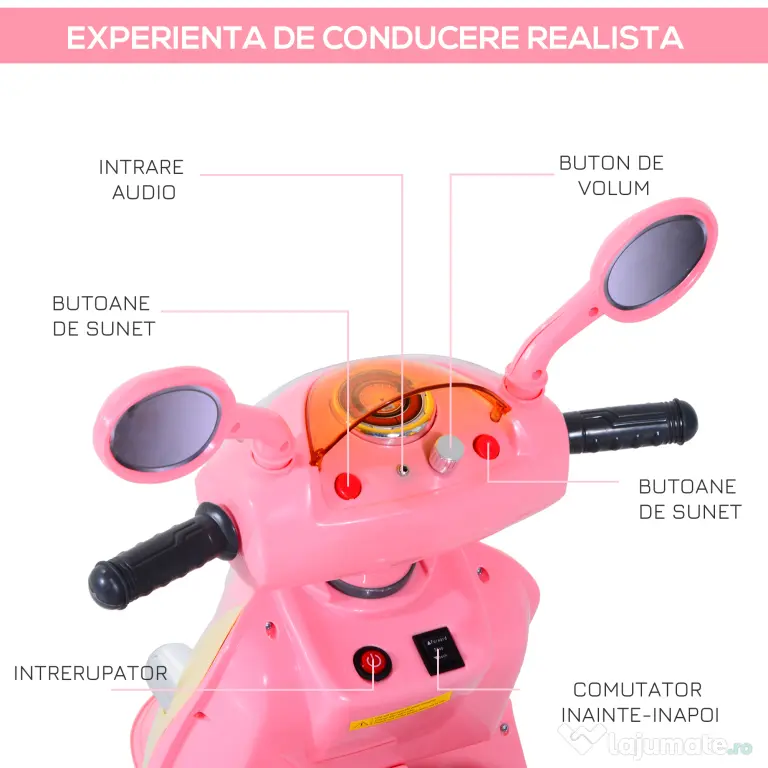HOMCOM motocicleta electrica copii, tricicleta electrică roz, cu lumini, 6V | Aosom Romania
