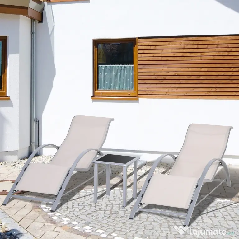 Outsunny Set de 2 Șezlonguri și Măsuță cu Blat din Sticlă, 59x169x66 cm, Crem | Aosom Romania