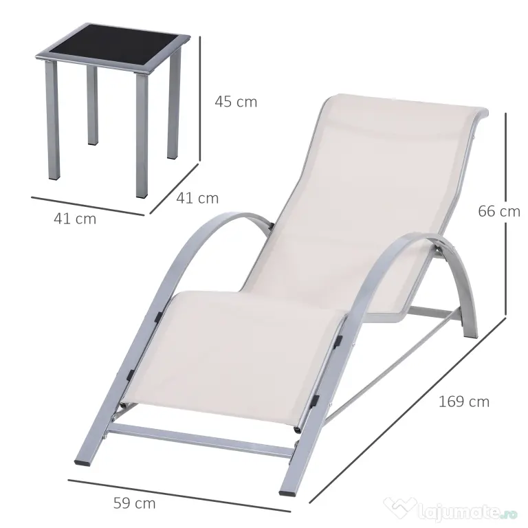 Outsunny Set de 2 Șezlonguri și Măsuță cu Blat din Sticlă, 59x169x66 cm, Crem | Aosom Romania