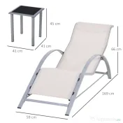 Outsunny Set de 2 Șezlonguri și Măsuță cu Blat din Sticlă, 59x169x66 cm, Crem | Aosom Romania 