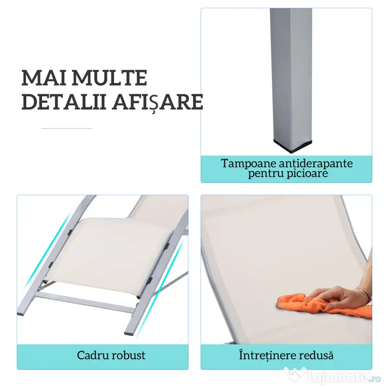 Outsunny Set de 2 Șezlonguri și Măsuță cu Blat din Sticlă, 59x169x66 cm, Crem | Aosom Romania