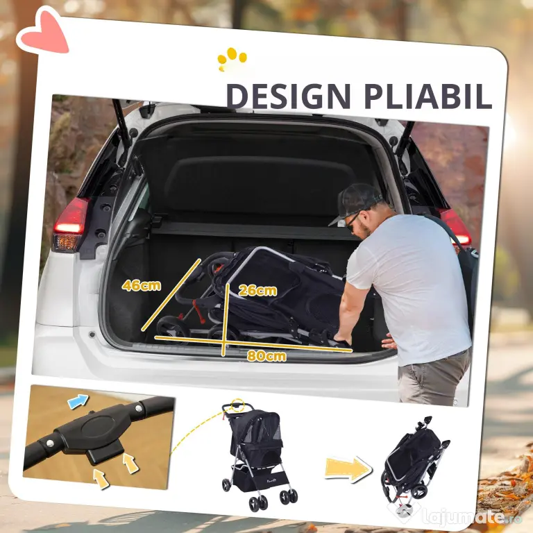 Carucior pentru Animale de Companie Pliabil, Fier, țesătură oxford, Negru, 77x47x101cm PawHut | Aosom Romania