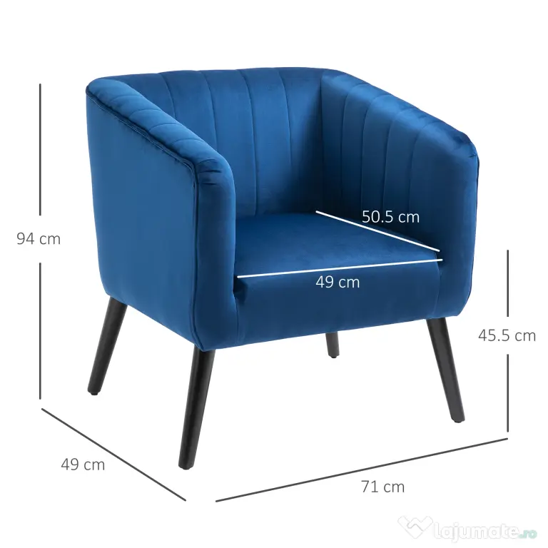 Fotoliu Modern HOMCOM Stil Nordic Invelis din Catifea si Picioare din Lemn, Albastru | Aosom Romania