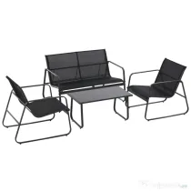 Outsunny Set Masă Bancă si 2 Scaune de Gradina din Metal si Textilen Neagra