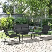 Outsunny Set Masă Bancă si 2 Scaune de Gradina din Metal si Textilen Neagra 