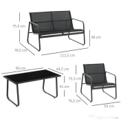 Outsunny Set Masă Bancă si 2 Scaune de Gradina din Metal si Textilen Neagra 