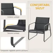 Outsunny Set Masă Bancă si 2 Scaune de Gradina din Metal si Textilen Neagra 