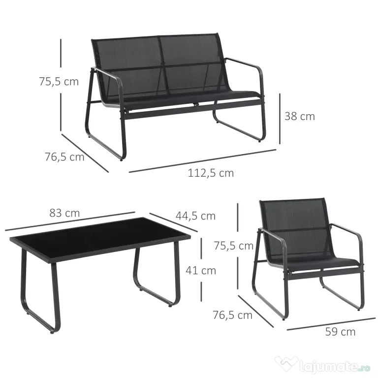 Outsunny Set Masă Bancă si 2 Scaune de Gradina, Mobilier de Exterior din Metal si Textilen, Neagra | Aosom Romania