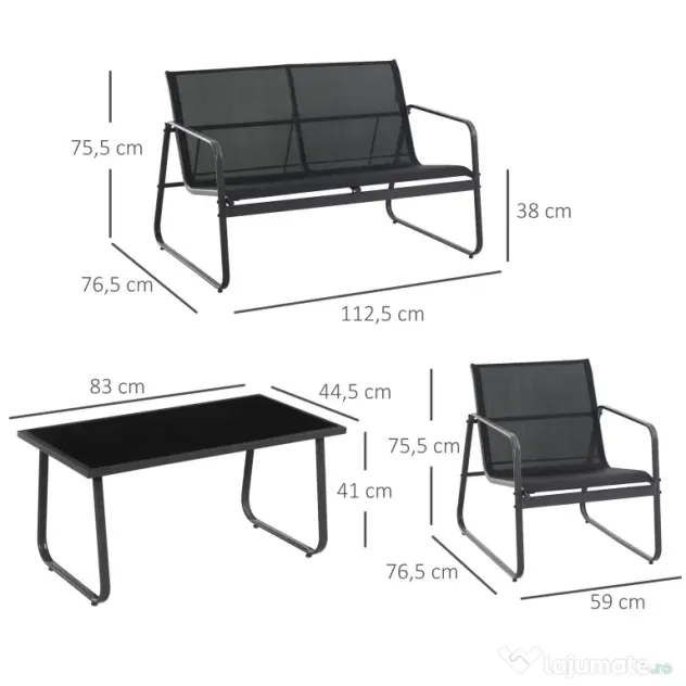 Outsunny Set Masă Bancă si 2 Scaune de Gradina, Mobilier de Exterior din Metal si Textilen, Neagra | Aosom Romania
