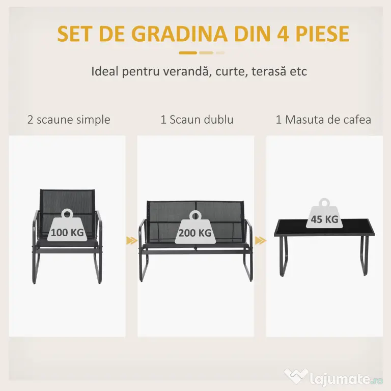 Outsunny Set Masă Bancă si 2 Scaune de Gradina, Mobilier de Exterior din Metal si Textilen, Neagra | Aosom Romania