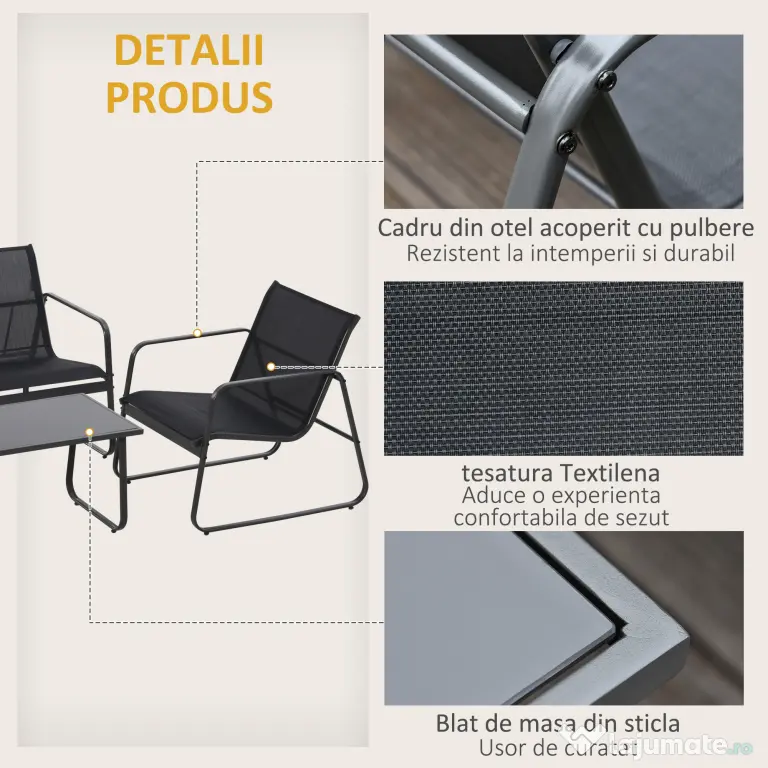 Outsunny Set Masă Bancă si 2 Scaune de Gradina, Mobilier de Exterior din Metal si Textilen, Neagra | Aosom Romania