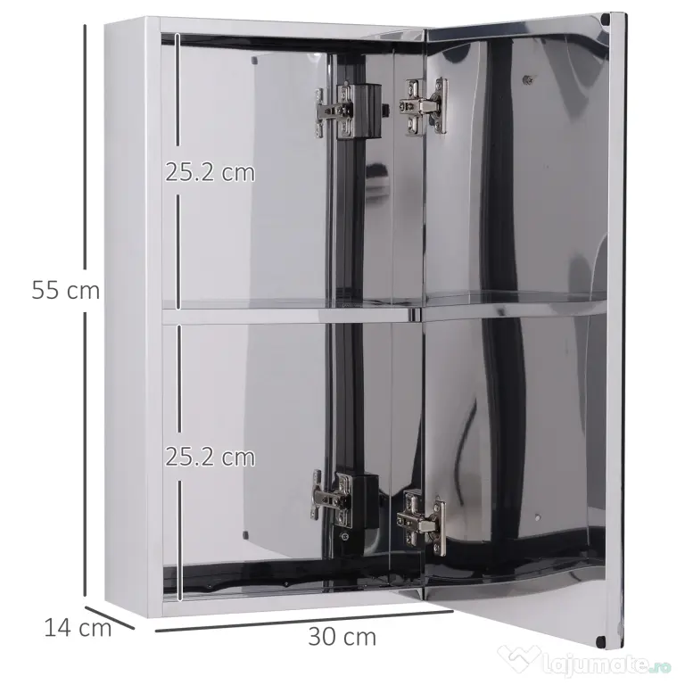 HOMCOM Oglinda pentru baie din otel cu usa si spatiu depozitare, dulapior pentru baie cu 2 compartimente, 55x14x30cm