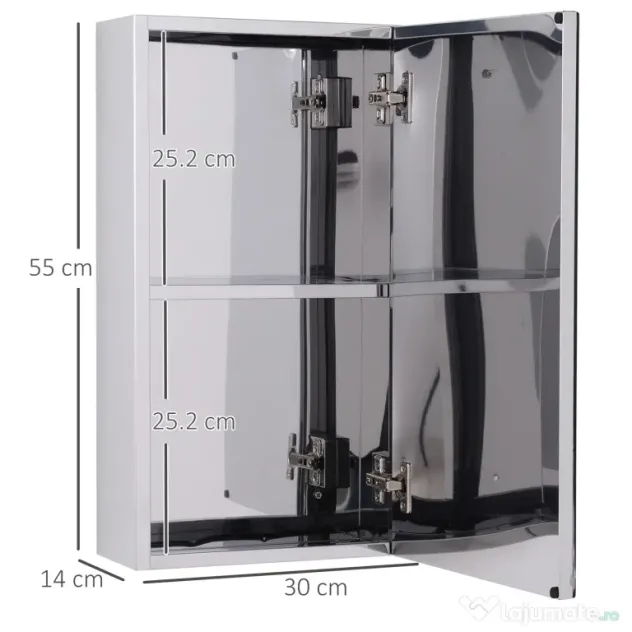 HOMCOM Oglinda pentru baie din otel cu usa si spatiu depozitare, dulapior pentru baie cu 2 compartimente, 55x14x30cm