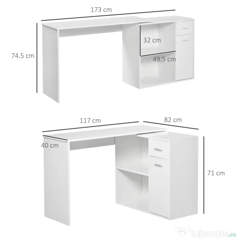 HOMCOM Birou Unghiular Versatil cu Raft, Design Modern, Alb, 117x82x74 cm | Aosom Romania