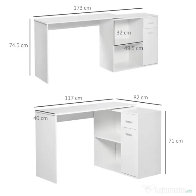 HOMCOM Birou Unghiular Versatil cu Raft, Design Modern, Alb, 117x82x74 cm | Aosom Romania