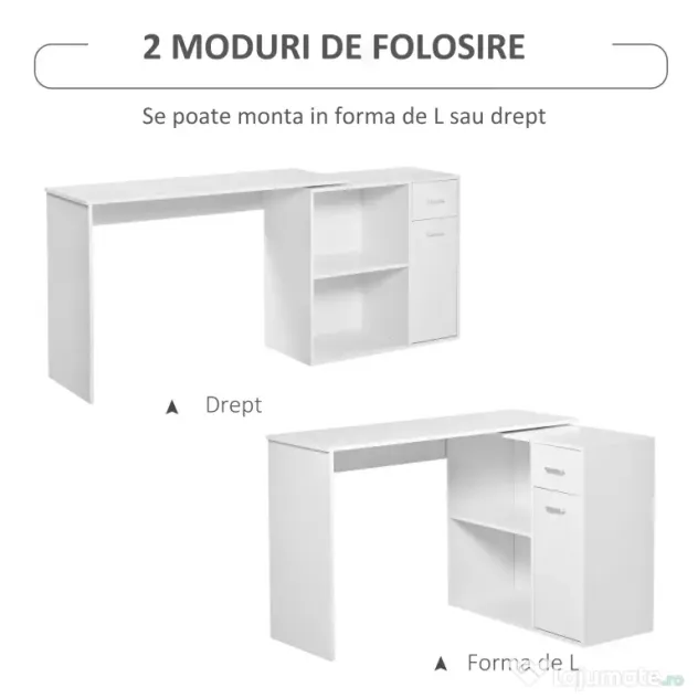 HOMCOM Birou Unghiular Versatil cu Raft, Design Modern, Alb, 117x82x74 cm | Aosom Romania