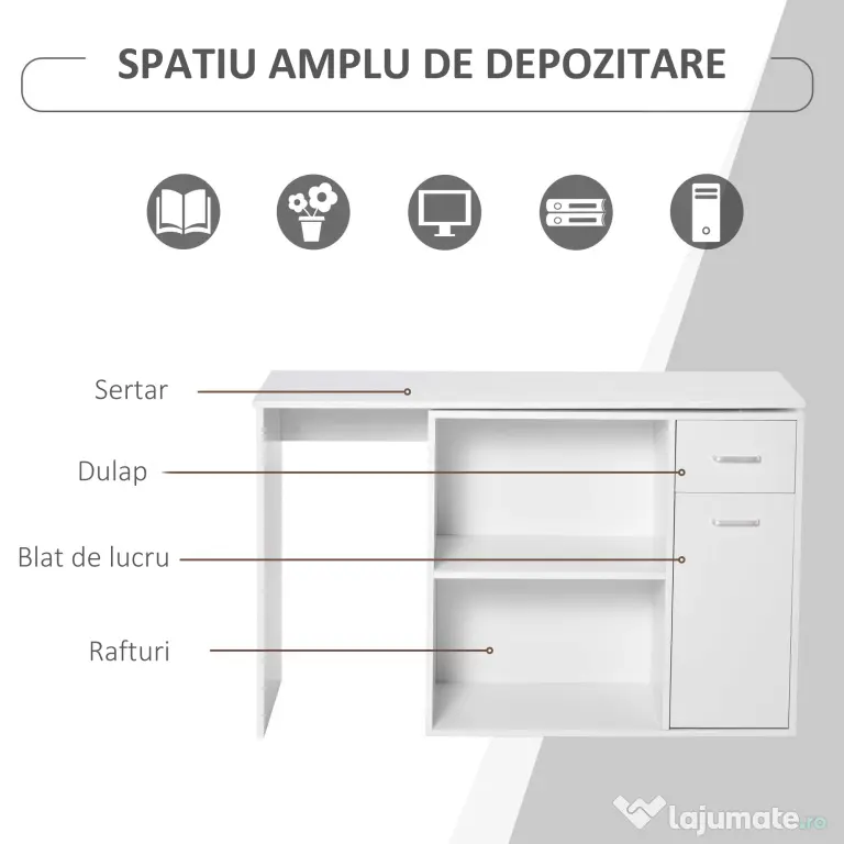 HOMCOM Birou Unghiular Versatil cu Raft, Design Modern, Alb, 117x82x74 cm | Aosom Romania