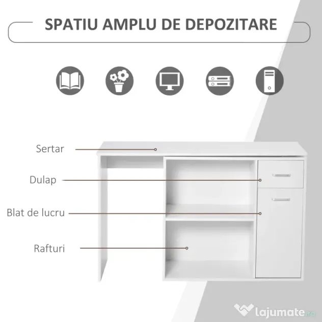 HOMCOM Birou Unghiular Versatil cu Raft, Design Modern, Alb, 117x82x74 cm | Aosom Romania