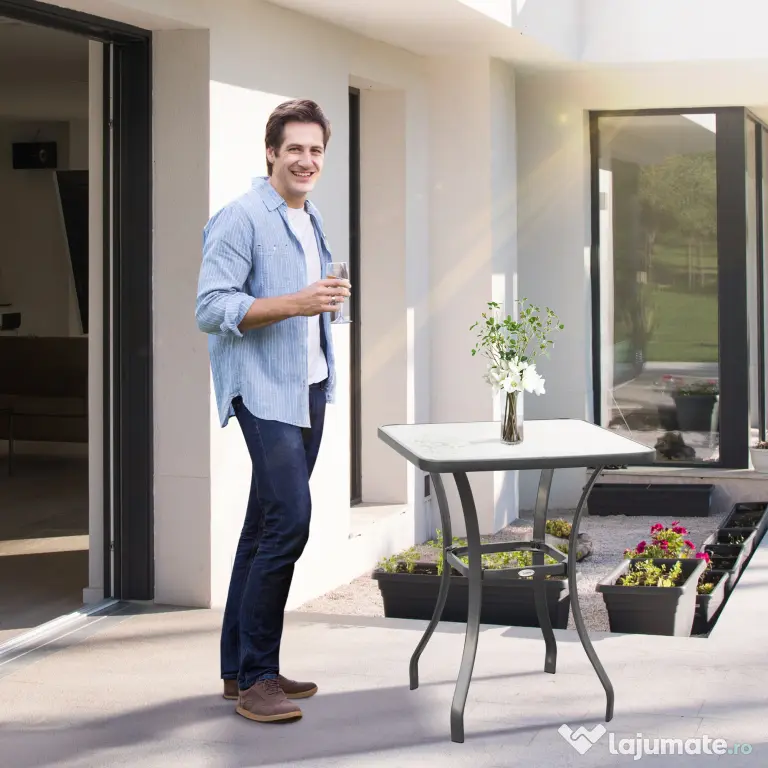 Outsunny Masă Pătrată pentru Grădină, Sticlă Termorezistentă, Design Modern, Negru, 68.5x68.5x84cm | Aosom Romania