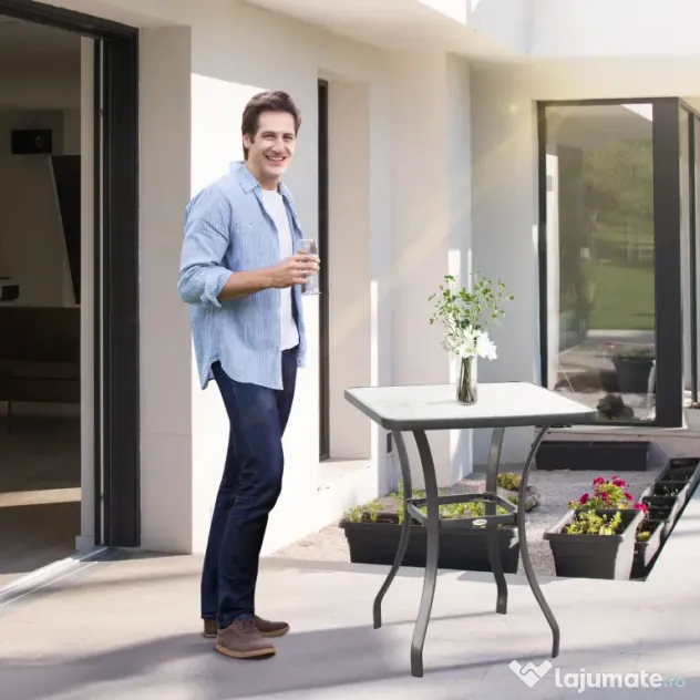 Outsunny Masă Pătrată pentru Grădină, Sticlă Termorezistentă, Design Modern, Negru, 68.5x68.5x84cm | Aosom Romania
