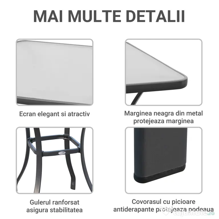 Outsunny Masă Pătrată pentru Grădină, Sticlă Termorezistentă, Design Modern, Negru, 68.5x68.5x84cm | Aosom Romania