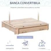 Outsunny Nisipar din Lemn pentru Copii cu Acoperis Parasolar Banca si Capac 