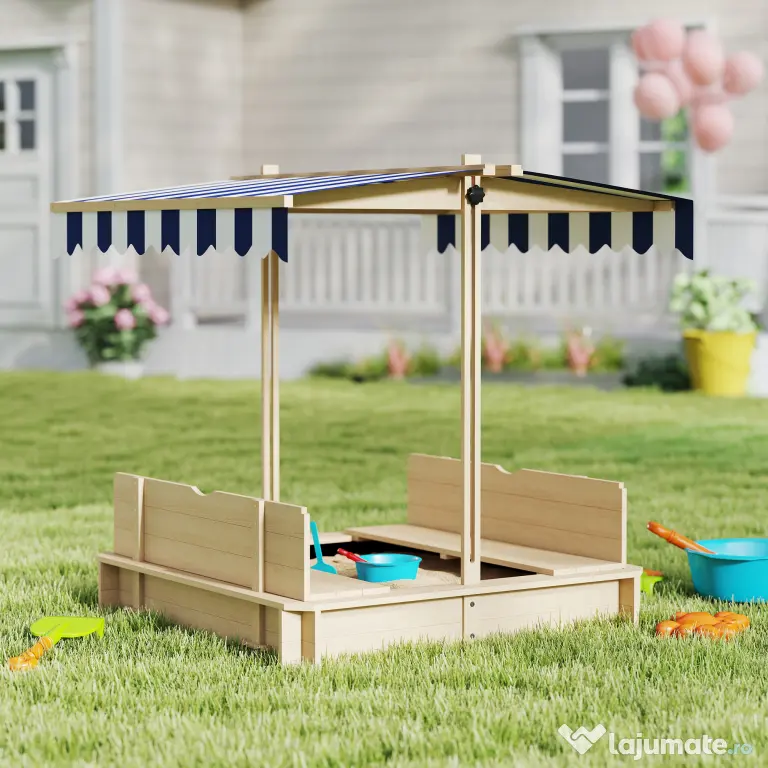 Outsunny Nisipar Lemnos pentru Copii, cu Acoperiș Parasolar, Bancă Integrată și Capac, Design Ergonomic | Aosom Romania