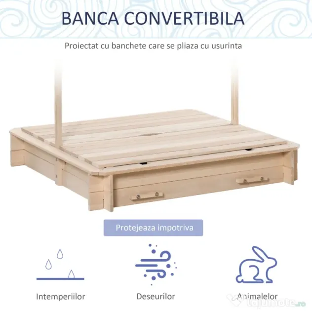 Outsunny Nisipar Lemnos pentru Copii, cu Acoperiș Parasolar, Bancă Integrată și Capac, Design Ergonomic | Aosom Romania