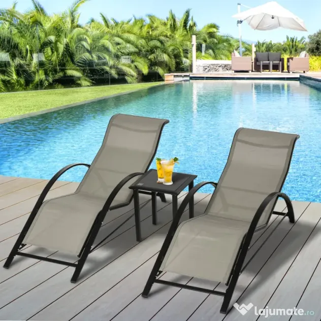 Outsunny Set 2 sezlonguri si masuta, 59x169x66 cm, negru | Aosom Romania
