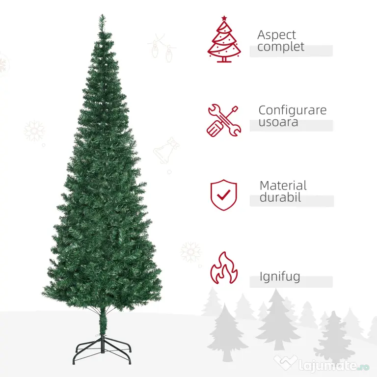 Brad de Craciun Artificial 210cm 631 Ramuri Dese din PVC ecologic, Baza Ф50, Verde, Decoratiune de Craciun HOMCOM | Aosom Romania