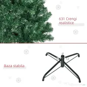 Brad de Craciun Artificial 210cm 631 Ramuri Dese din PVC ecologic, Baza Ф50, Verde, Decoratiune de Craciun HOMCOM | Aosom Romania 