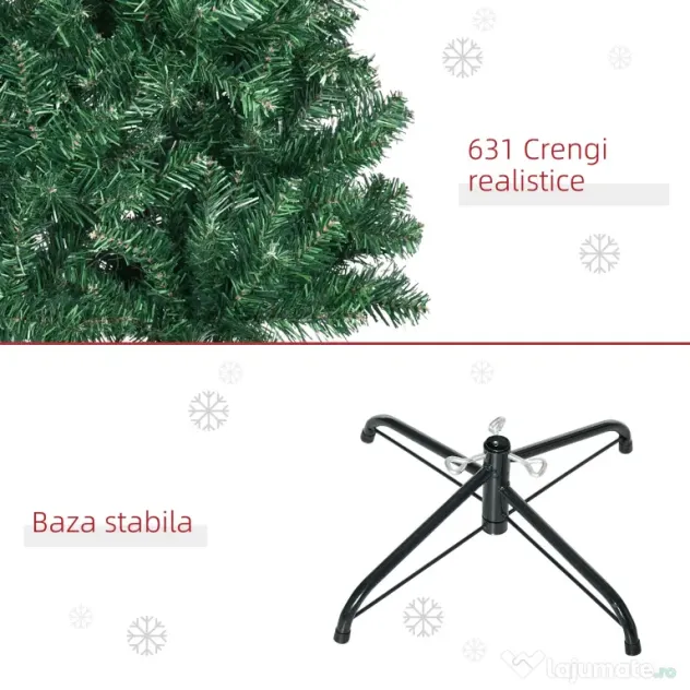 Brad de Craciun Artificial 210cm 631 Ramuri Dese din PVC ecologic, Baza Ф50, Verde, Decoratiune de Craciun HOMCOM | Aosom Romania