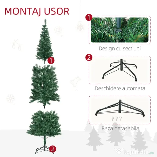 Brad de Craciun Artificial 210cm 631 Ramuri Dese din PVC ecologic, Baza Ф50, Verde, Decoratiune de Craciun HOMCOM | Aosom Romania
