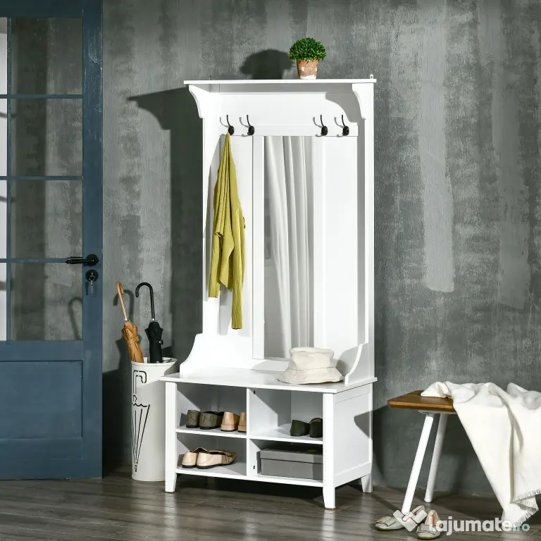 HOMCOM Mobilier de Hol cu Cuier și Oglindă, Design Modern, Spațiu de Depozitare, 80x40x170 cm, Alb | Aosom Romania