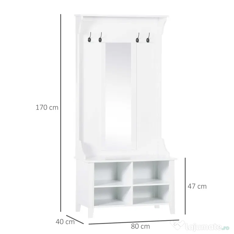 HOMCOM Mobilier de Hol cu Cuier și Oglindă, Design Modern, Spațiu de Depozitare, 80x40x170 cm, Alb | Aosom Romania