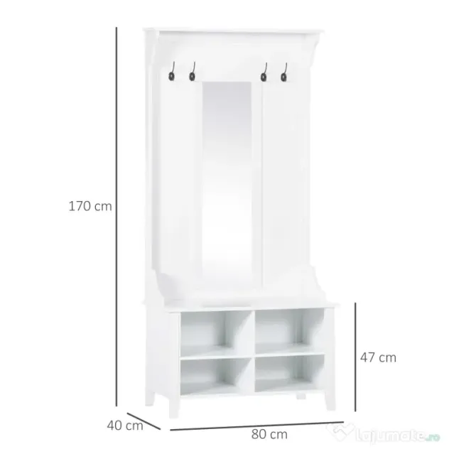 HOMCOM Mobilier de Hol cu Cuier și Oglindă, Design Modern, Spațiu de Depozitare, 80x40x170 cm, Alb | Aosom Romania