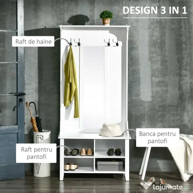 HOMCOM Mobilier de Hol cu Cuier și Oglindă, Design Modern, Spațiu de Depozitare, 80x40x170 cm, Alb | Aosom Romania