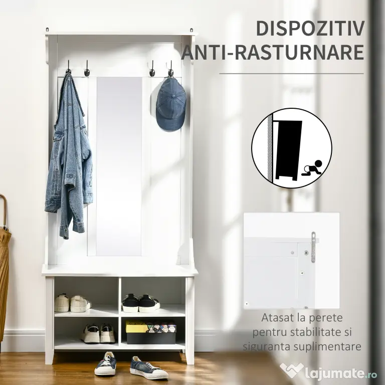 HOMCOM Mobilier de Hol cu Cuier și Oglindă, Design Modern, Spațiu de Depozitare, 80x40x170 cm, Alb | Aosom Romania